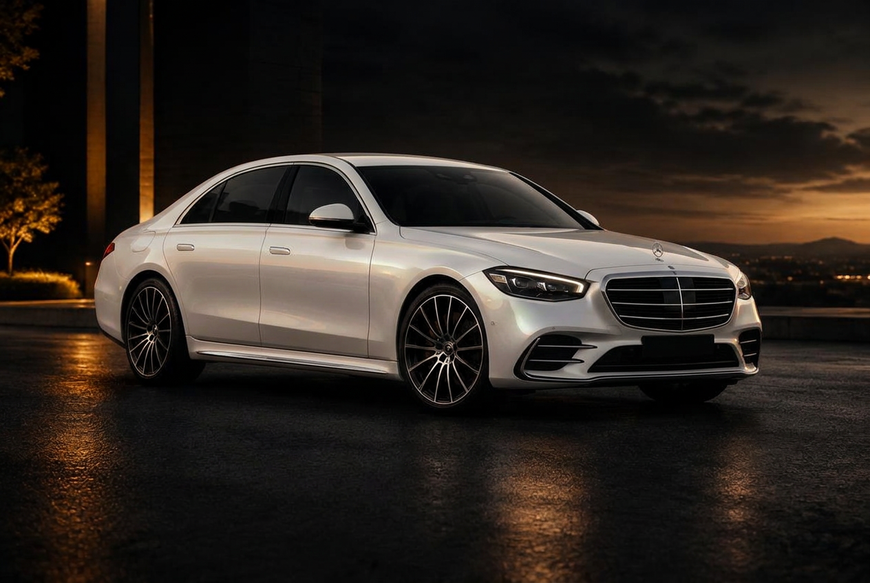 Polished black luxury sedan at dusk