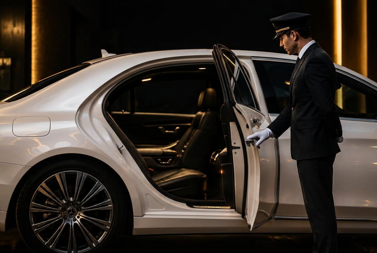 Uniformed chauffeur opening the door of a black luxury sedan
